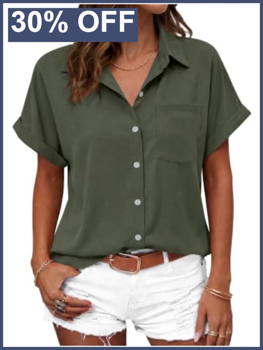 Women's Short Sleeve Button Down Blouse V-Neck Collar Shirt